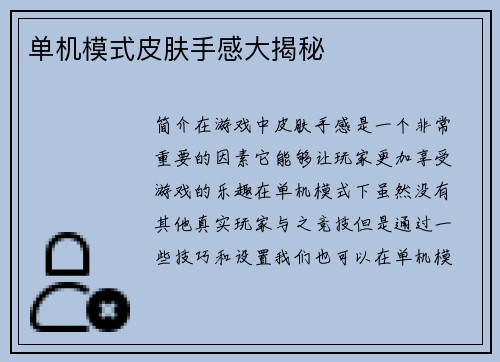 单机模式皮肤手感大揭秘
